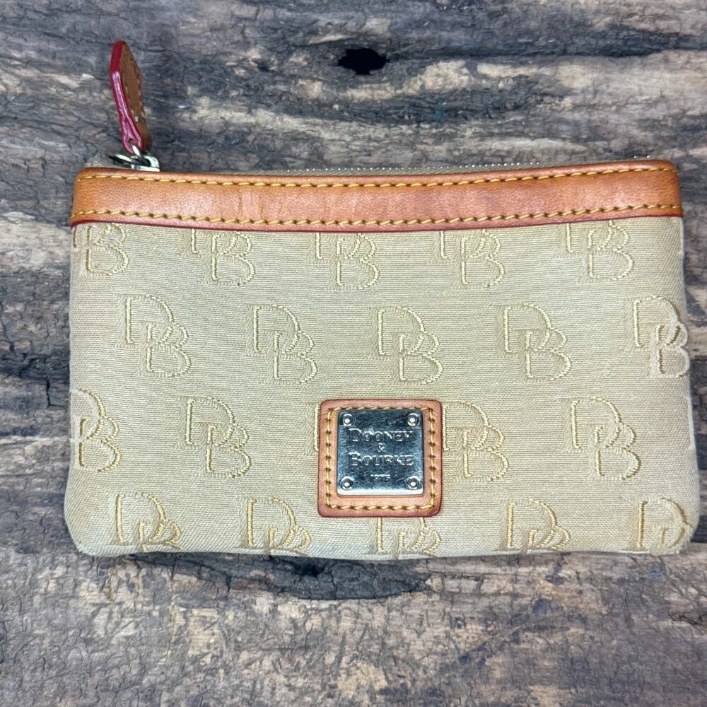 Dooney & Bourke DB Signature Logo Coin Pouch Khaki Tan Leather Trim Zip Wallet